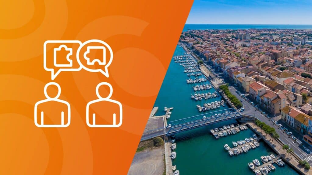 Rencontre job dating à Port-La-Nouvelle en septembre 2025 – Vue aérienne du port et pictogramme de mise en relation